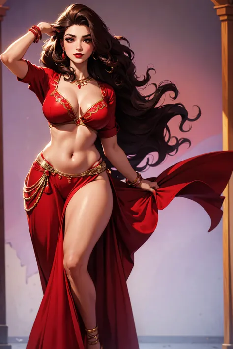 25 year old female, brunette skin, curly hair with strands falling in front of the face, intense red lipstick, voluptuous curves, red gypsy clothes also using typical accessories, in a.dance pose