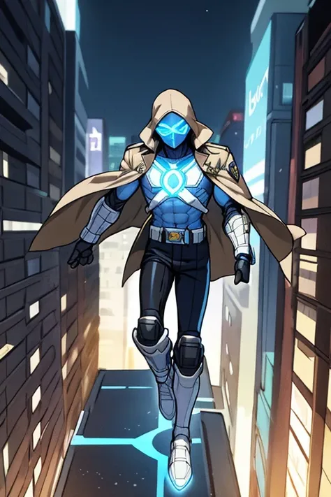 ((best quality)), ((masterpiece)), (detailed), 1 boy in a trench coat standing on a building, full body, 19 years old, masked, white mask covering his entire head and hair, mask, black protective glasses, blue eyes, black face mask, no hair, tall and slend...