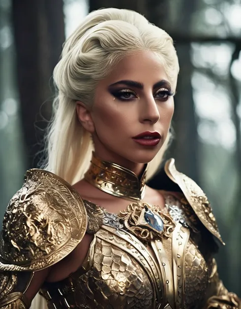 lady gaga full length beautiful like in a Cinderella fairy tale, adorned in gold, tight fit, low cut wearing knight armor, a beautiful serious aristocratic face, crown on head, on the thigh - golden high boots, snakes coiled under your feet, standing in a ...