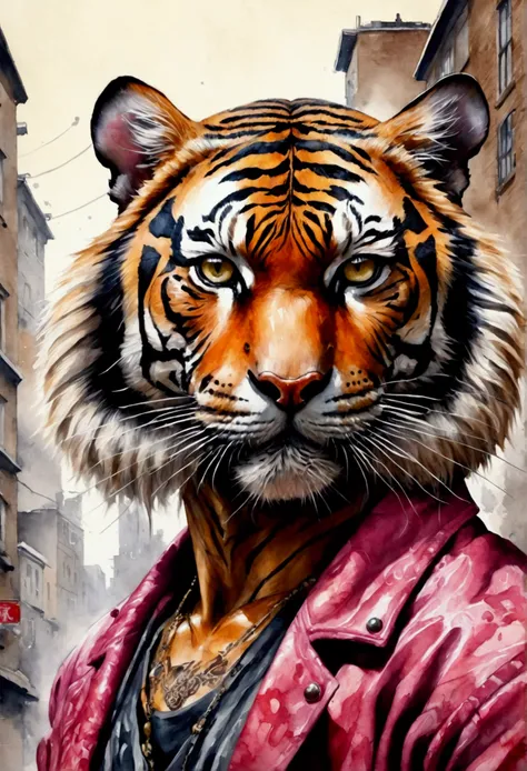 A painting of a tiger, Trend on watercolor ,facial focus, detailed, non-realistic rendering, British gang member, Streetstyle, intimidating pose, Planet of Cats, Highlight face , urban samurai, meow, West Slavic characteristics, 8 1 5, Tiere