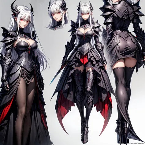 ((Best Quality)), ((Masterpiece)), ((Realistic)) female character with long white hair and piercing red eyes. She wears a demonic armor in purple, black, and white, and wields a large, stylized scythe. The character has a menacing expression, with a chaoti...