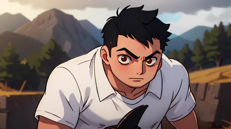 masterpiece,  1 chico,  young,  elegant,  black fur,  trimmed hair,  perfect face,  detailed eyes and face,  gold eyes, shy expression,  White shirt,  clean shave,  muscular,  capturing a rural atmosphere,  dynamic lighting