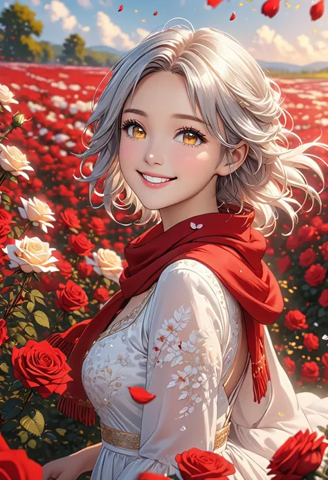 Vista, Panorama, Perspective, Depth of Field, Bust, Upper Body, Cinematic Angle, Masterpiece, Best Quality, Ultra Detailed, CG, 8K Wallpaper, Beautiful Face, Delicate Eyes, A Maiden, Solo, Smile, Silver Hair, Golden Eyes, Fair Skin, Hair Strands, Red Scarf...