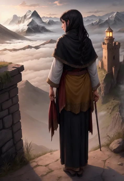 A Kurd woman wearing Kurdish clothes is standing on a castle. She is holding a lit-up torch high. Beside her is her , a little boy of age 5 that is standing. The are looking at the landscape far away. It is a foggy night and mountains far away filled with ...