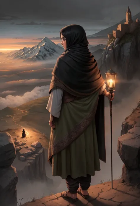 A Kurd woman wearing Kurdish clothes is standing on a castle. She is holding a lit-up torch high. Beside her is her , a little boy of age 5 that is standing. The are looking at the landscape far away. It is a foggy night and mountains far away filled with ...