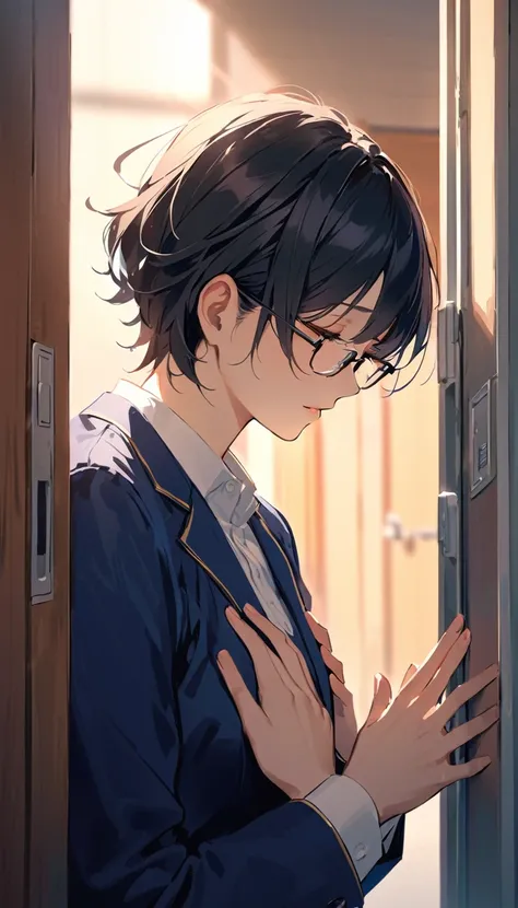 A romantic scene in a high school hallway. A high school girl with black short bob hair, wearing a navy blazer , is asking a high school boy out on a date. She is deeply bowing at a 90-degree angle with her head down and her hands placed on her chest. The ...