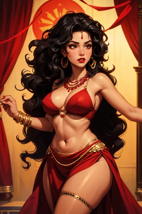 25 year old female, skin black, curly hair with strands falling in front of the face, intense red lipstick, voluptuous curves, red gypsy clothes with golden details also using typical accessories, in a dance pose