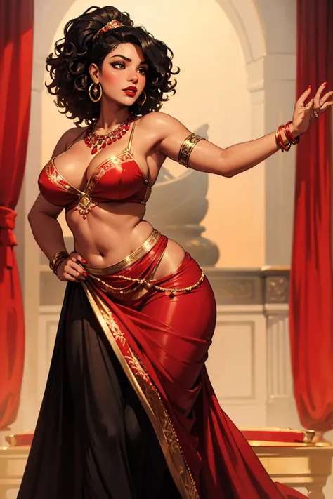 25 year old female, skin black, curly hair with strands falling in front of the face, intense red lipstick, voluptuous curves, red gypsy clothes with golden details also using typical accessories, in a dance pose