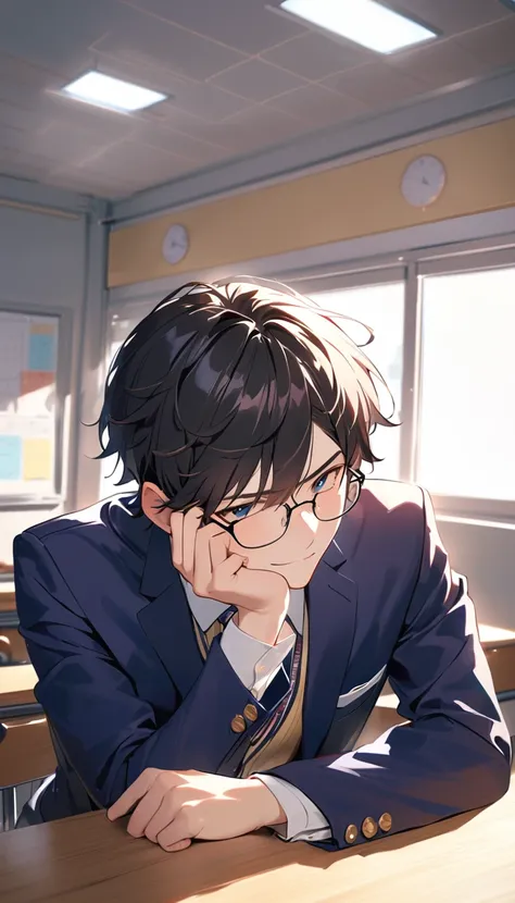 18 years old, a handsome boy, Black Hair, Short Hair,Glasses,Troubled smile, blazer, high school student,Introvert,In the classroom