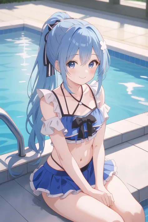 Blue Hair Girl、Long hair tied in a ponytail、Bikini with ruffles、sitting by the pool、smiling