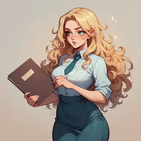 Beautiful woman 25 years old, not very high, long curly light blonde hair, Thin waist, big tits, well-shaped and large hips. She wears a secretary uniform with a tie, she is walking through the offices, carry a folder, She&#39;s irritated