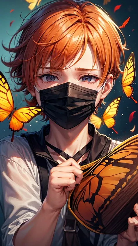 Boy Solo, Orange hair between eyes, with blindfold and butterflies around, Chapped lips, tears, mask/sale/face mask, 