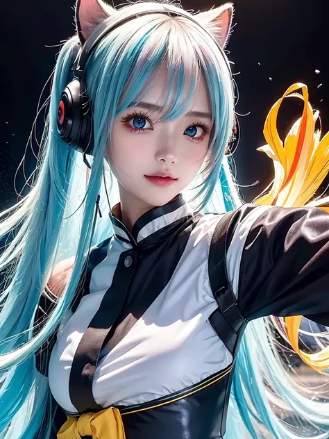 40-year-old Japanese woman、Black Hair、Hair is very short、Twin tails、Hatsune Miku Costume、Headphones、Flat Chest、Realistic photos、Realistic、8K quality、expensive、No bangs、High resolution, Highest quality, Anatomically correct, Winner of numerous awards, looki...