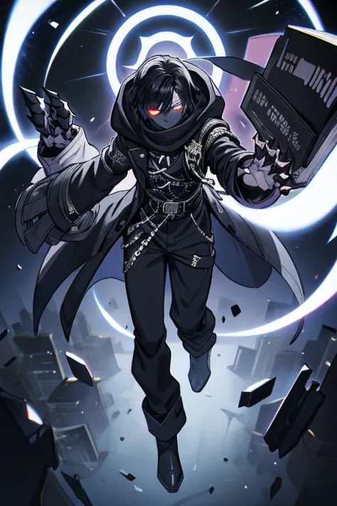 ((best quality)), ((masterpiece)), (detailed), 1 boy, full body, 23 years old, young adult, black scarf, bandage covering his mouth, white glowing eyes, 1 scratch on his right eye, pointed hood, black hair, black skin, disheveled hair, black coat, baggy sl...