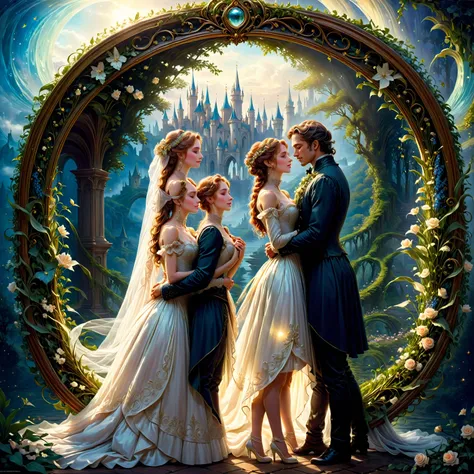 arafed image of a couple in a wedding dress embracing in a circular frame, romanticism art style, fantasy victorian art, beautiful digital artwork, romantic era painting, by Alexander Kucharsky, beautiful fantasy art, breathtaking fantasy art, fairytale ar...