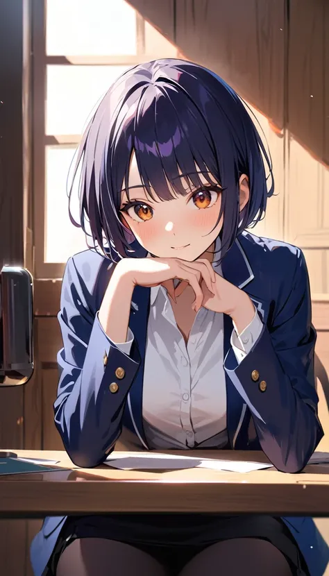 A high school girl with black short bob hair, wearing a navy blazer ,