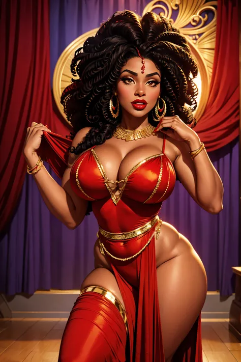 25 year old black woman, curly hair with strands falling in front of the face, intense red lipstick, voluptuous curves, red gypsy clothes with golden details also using typical accessories, in a dance pose