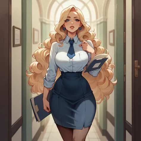 Beautiful woman 25 years old, not very high, long curly light blonde hair, Thin waist, big tits, well-shaped and large hips. She wears a secretary uniform with a tie, she is walking through the offices, carry a folder, She&#39;s irritated, other men admire...