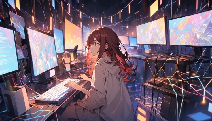 a young brown woman, without bangs and long dark red hair, inside a virtual world of networks and connections of lights with which she interacts and moves with her hands with a virtual computer keyboard in front of her.