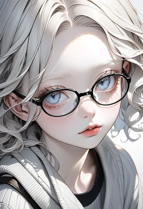 Ultra-realism An albino girl, WHITE AND WAVY HAIR, grey-blue eyes, thin white eyebrow, thin lips, pale skin, white eyelashes, wearing a gray sweater, thin black frame glasses