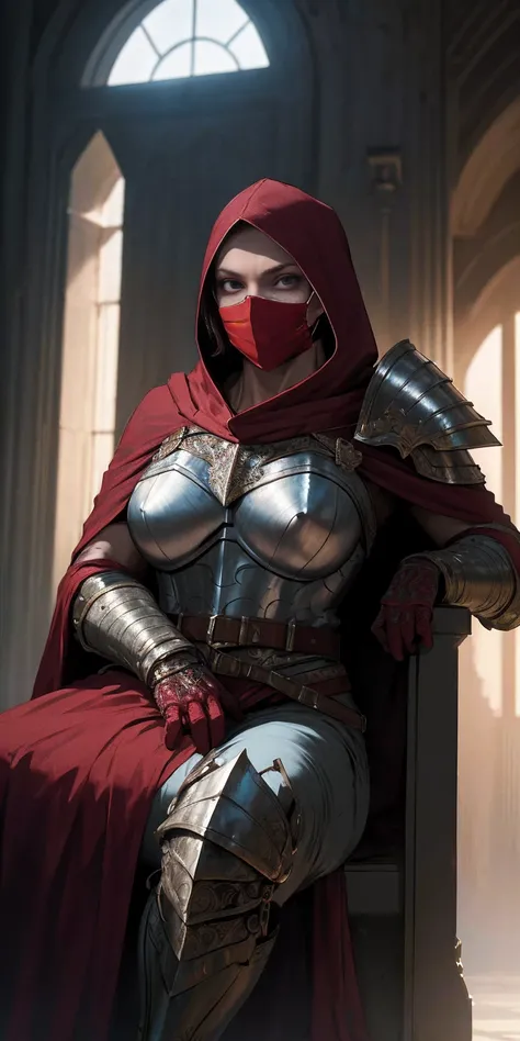 (masterpiece, Best Quality, absurd, 4k, Aesthetic, detailed, Intricate, perfect lighting) cinematic angle, 1solitaria, Sitting on the throne, elbow rest, castle interior, face mask, hood, layer, belt, armor, Cloak, red gloves gauntlets, corona