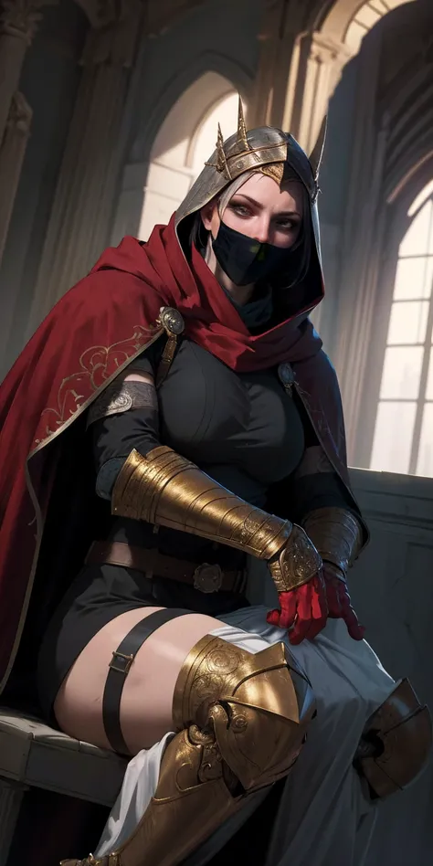 (masterpiece, Best Quality, absurd, 4k, Aesthetic, detailed, Intricate, perfect lighting) cinematic angle, 1solitaria, Sitting on the throne, elbow rest, castle interior, face mask, hood, layer, belt, armor, Cloak, red gloves gauntlets, corona