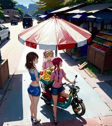 a realistic anime portrait of office women, she is buying fruit at kiosk, day light scenery, front view, looking at viewer, full body detailed portrait, extremely detailed facial features, high quality, masterpiece, best quality, beautiful glowing skin, de...