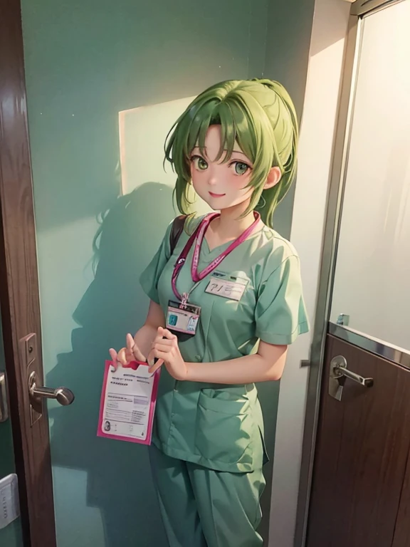 girl, alone, Mion Sonozaki, green eyes, ponytail,, ponytail, 医療用scrub、scrub、Female nurse、Short sleeve、Long trousers, (ID card)、strap、Hospital corridor、Warm lighting、sense of cleanliness