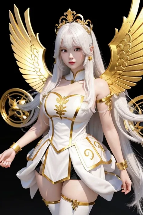 3D female character with long hair, white  hair, pink skin color with black eyes, on the head there is a floating golden halo and above the shoulders there are golden ornaments floating, with thick, shapely legs, on his back he has white angelic wings, whi...