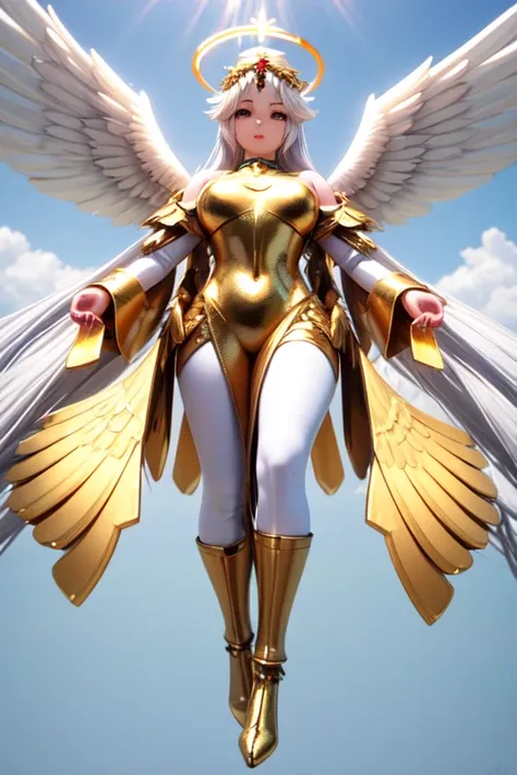 3D female character with long hair, white  hair, pink skin color with black eyes, on the head there is a floating golden halo and above the shoulders there are golden ornaments floating, with thick, shapely legs, on his back he has white angelic wings, whi...