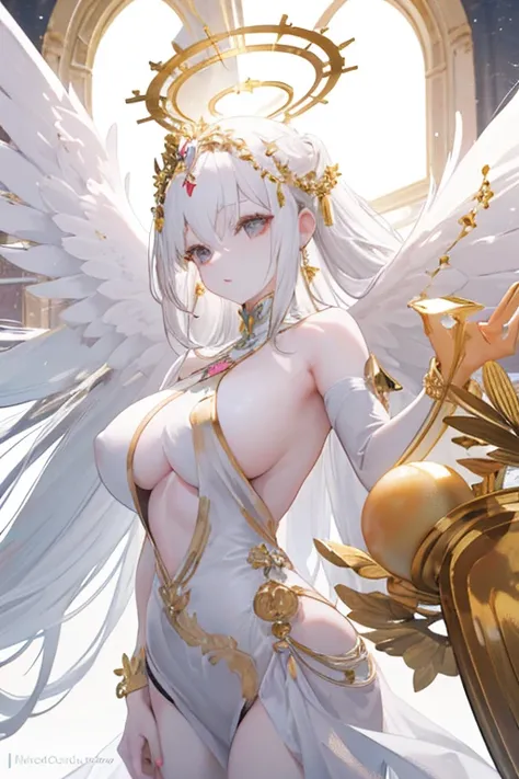 3D female character with long hair, white  hair, pink skin color with black eyes, on the head there is a floating golden halo and above the shoulders there are golden ornaments floating, with thick, shapely legs, on his back he has white angelic wings, whi...