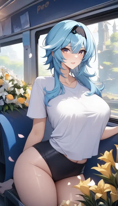 masterpiece, best quality, very aesthetic, absurdres, 1girl, mature_lady,taking_off_clothes,t-shirt,,eula_(genshin_impact), genshin_impact, blue_hair, brown_eyes, hair_ornament, hairband, black_hairband, sidelocks, medium_hair, large_breasts,,in a bus,surr...