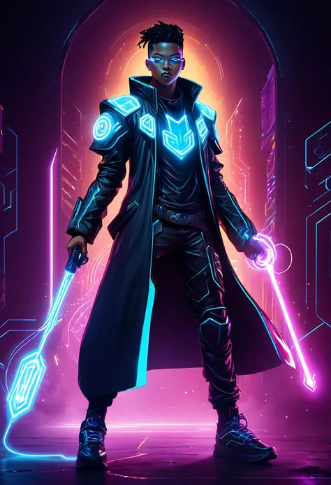 a medium quality digital illustration of a young techno-mage named Usrican, incoming, Gunz N Butter, futuristic, magical, cyberpunk, character design, dynamic pose, neon lights, glowing runes, science fiction, digital art, full body, concept art, dark atmo...