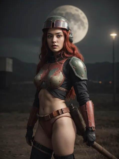 a 20-year-old sexy young girl with long red hair, dressed as boba fett from star wars, only wearing the boba fett helmet, a sexy...