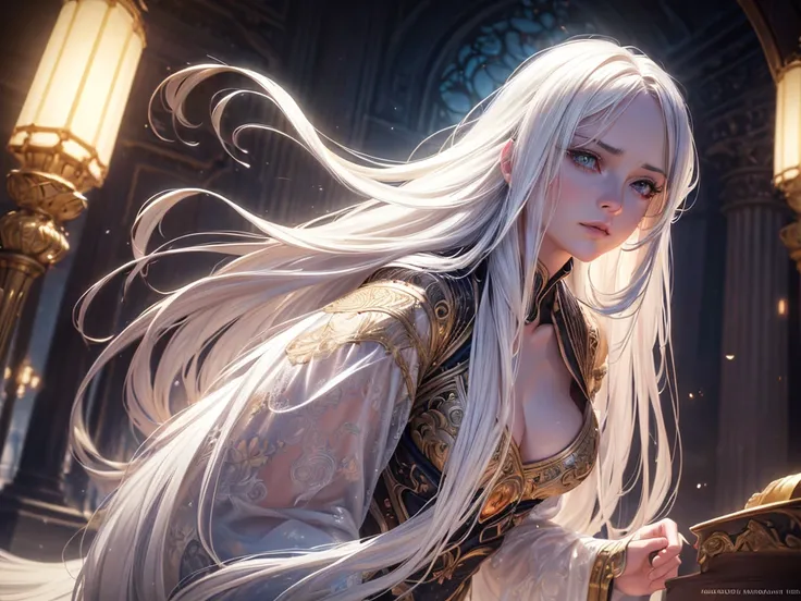 a beautiful woman with long white hair, small breasts, looking directly at the camera, photorealistic, highly detailed, cinematic lighting, dramatic pose, intricate details, elegant, mysterious, (best quality,8k,highres,masterpiece:1.2),ultra-detailed,(rea...