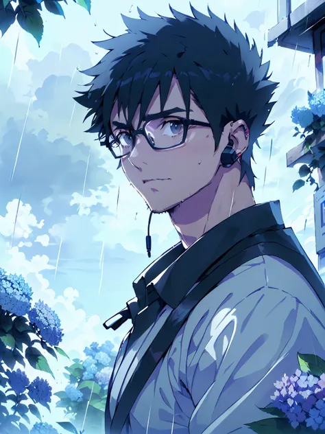 (((Highest quality)), ((masterpiece)), (detailed), Highest quality、High resolution、８K、shirt、One adult male、33 years old、Dark Eyes、Black Hair、rain、The whole body is shown、I look up at the sky and stare at the rain、Standing surrounded by hydrangeas、Japanese ...