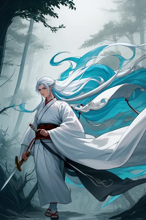 wuxia man, white wuxia clothes, murderous aura, holding a long sword, floating long hair. dynamic pose. misty forest as backgrou...