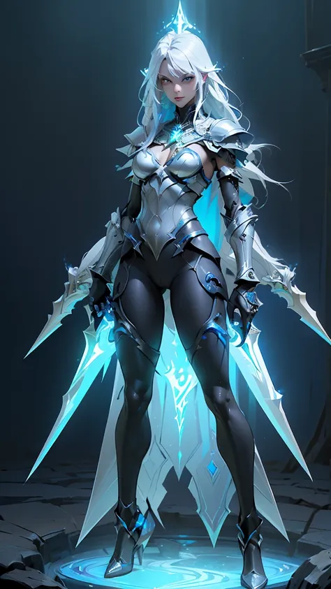 (((masterpiece, best quality, high detailed, 16k))) Design a Gaming character, (1girl) slender body. Silver+Blue armor, stylish and unique. ((showcase weapon:1.4)), lightning spear. (masterpiece:1.2), (best quality), (luminous lighting, atmospheric lightin...