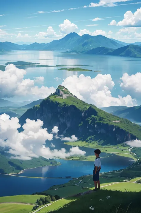 A teenage boy, wearing a simple white t-shirt and blue jeans, flies easily over the stunning view. Below him, a sea of ​​fluffy white clouds stretched like an endless pillow, towering mountains lining the horizon. A serene lake, mirror-like in its stillnes...