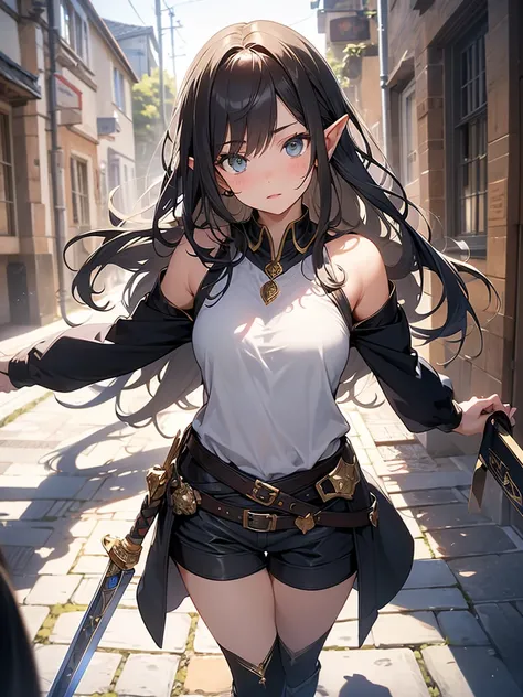 (artistry, best qualityer, ultradetailed, high resolution, 4K),(beautiful detailed eyes),(very highly detailed face),( fully body), (1ガール),HDR, long hair, medieval brown shorts, greeneyes, chestnut hair, longye hair, a gray stripe on a fringe, elf ear, bla...