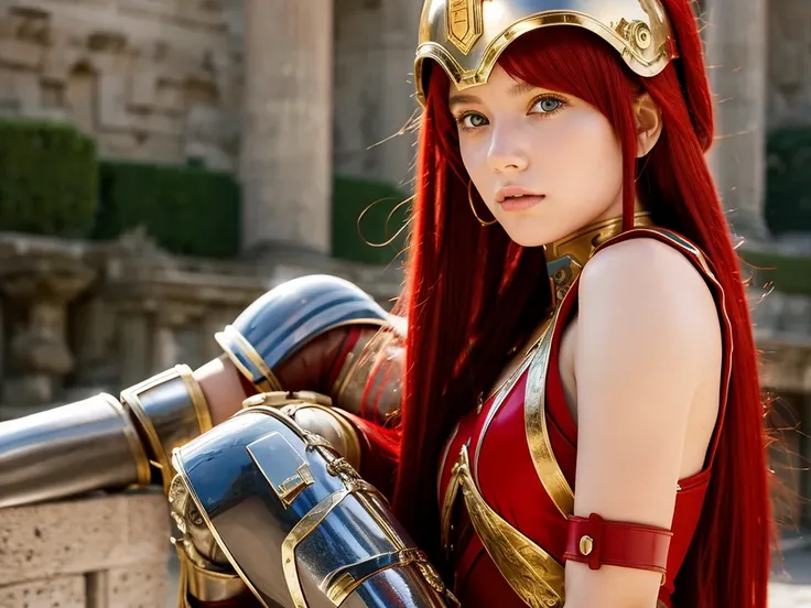 A beautiful young girl wearing the uniform of a Roman soldier. Red hair. She wears a Roman helmet. She strikes a very seductive pose. Her armor is very elaborate on the upper part of her body. The lower part of her body is more bare. In the style of Makoto...