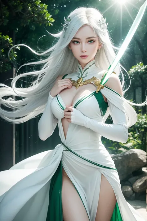 Imagine a graceful and elegant female figure, white-skinned, silver hair that shines like moonlight, dressed in white outfits and golden details that shine like stars in the night sky. Your eyes are forest green, radiant and penetrating like emeralds. She ...