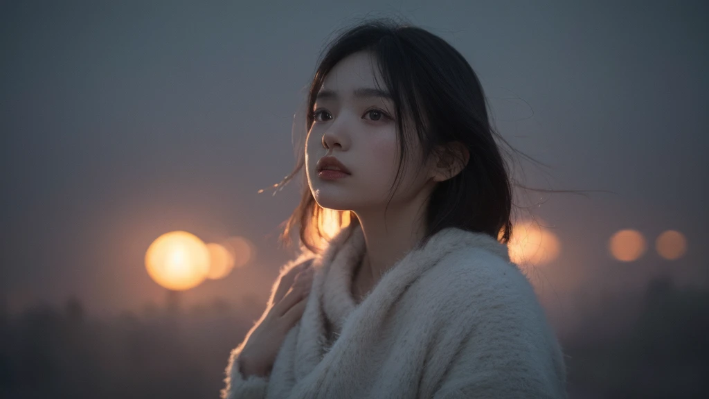 1 girl, detailed face, Ruined HaNoi, A dreamy dark day, foggy atmosphere, Faint accent lights, masterpiece, best quality, ultra detailed, photorealistic, raw photo