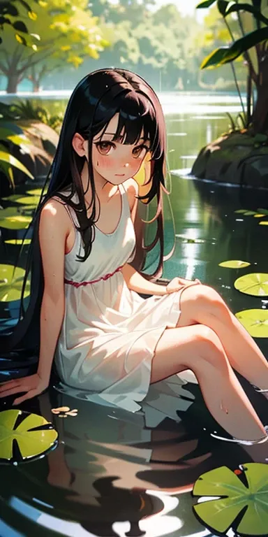 1girl, solo, long hair, outdoors, looking at viewer, water, wet, black hair, partially submerged, tree, sunlight, blush, brown eyes, sleeveless, wet clothes, day, white dress, bare shoulders, closed mouth, nature, dress, blurry, wet hair, lily pad, leaves,...