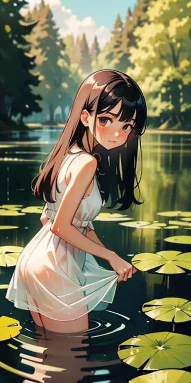 1girl, solo, long hair, outdoors, looking at viewer, water, wet, black hair, partially submerged, tree, sunlight, blush, brown eyes, sleeveless, wet clothes, day, white dress, bare shoulders, closed mouth, nature, dress, blurry, wet hair, lily pad, leaves,...