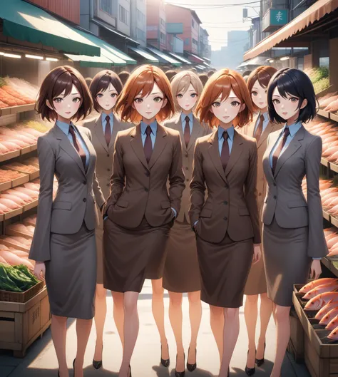 a realistic anime portrait of group of office women, theyre wandering at fish market, day light scenery, front view, looking at viewer, full body detailed portrait, extremely detailed facial features, high quality, masterpiece, best quality, beautiful glow...