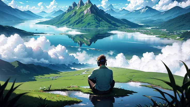 A man lying on his back wearing a headset, he flies above the clouds with an amazing view. Below him, a sea of ​​fluffy white clouds stretched like an endless pillow, towering mountains lining the horizon. A serene lake, mirror-like in its stillness, lies ...