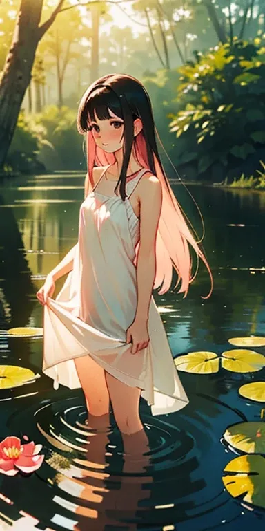 1girl, solo, long hair, outdoors, looking at viewer, water, wet, black hair, partially submerged, tree, sunlight, blush, brown eyes, sleeveless, wet clothes, day, white dress, bare shoulders, closed mouth, nature, dress, blurry, wet hair, lily pad, leaves,...