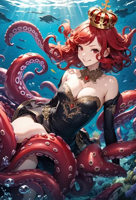 detailed illustration, dynamic angle, ultra-detailed, illustration, 1girl, Long wavy red hair, gold crown, red octopus tentacles. octopus girl, red eyes, black corset, medium breasts, cleavage, smirk, smile, black sleeves, bare shoulders, under the water, ...