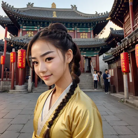 Kpop idol: 1.2, mix4, 1 Korean girl, 14 years old, (light eyebrows: 1.4), shiny brown eyes, bun head, tied two braids, ancient city, Chinese temple, high mountain, beautiful detail sky, street (crowd:1.2), night, (nose blush), hanfu, happy, smile